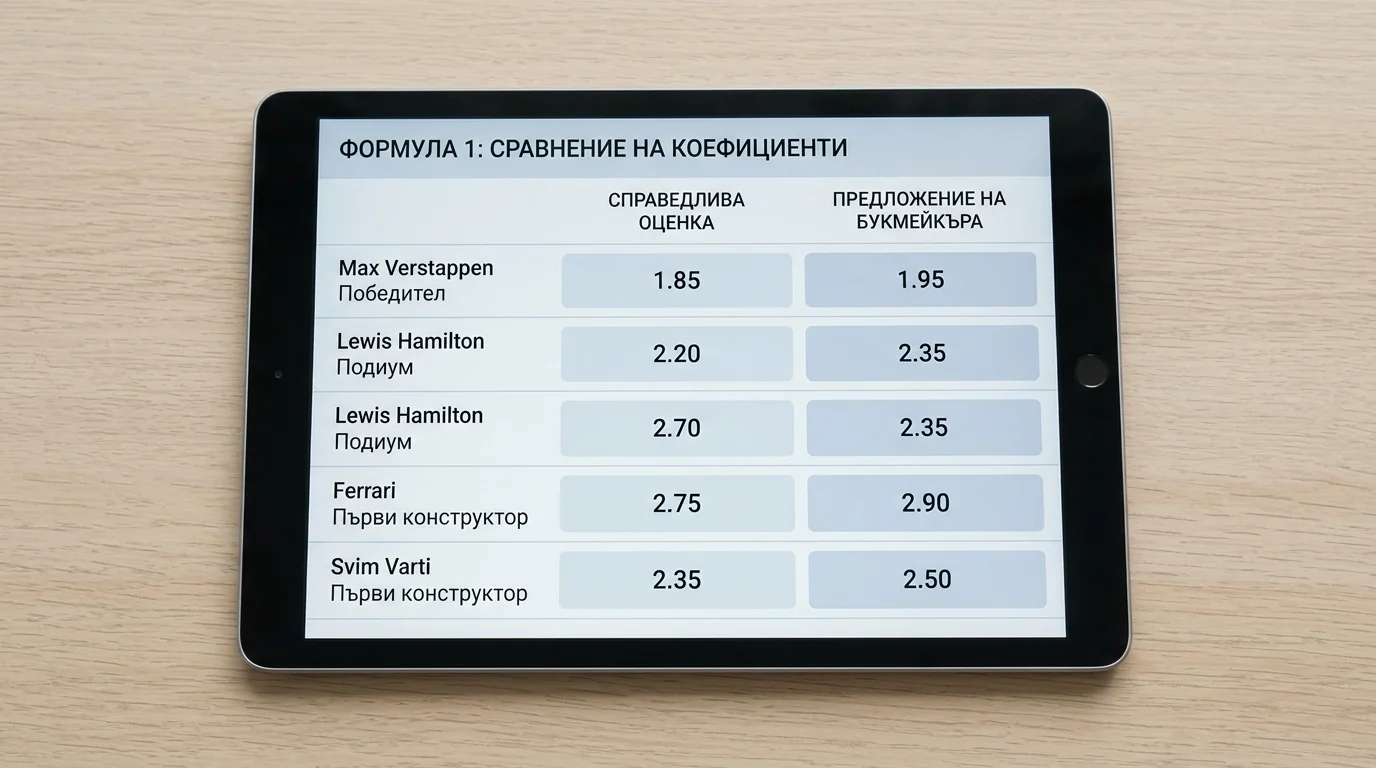 Сравнение между справедлив коефициент и предложен коефициент при value betting